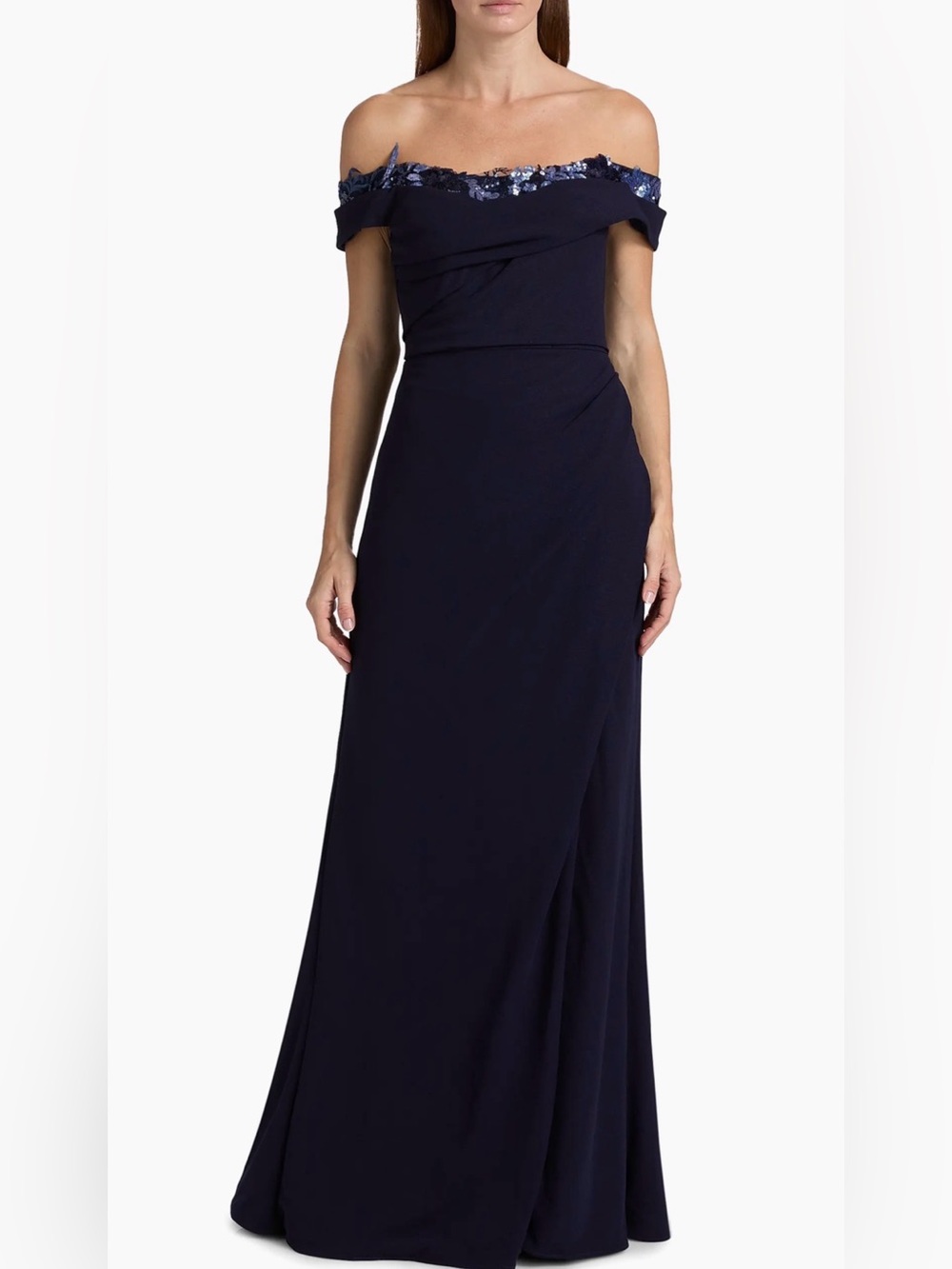 Rene Ruiz Collection Off-The-Shoulder Crepe Gown